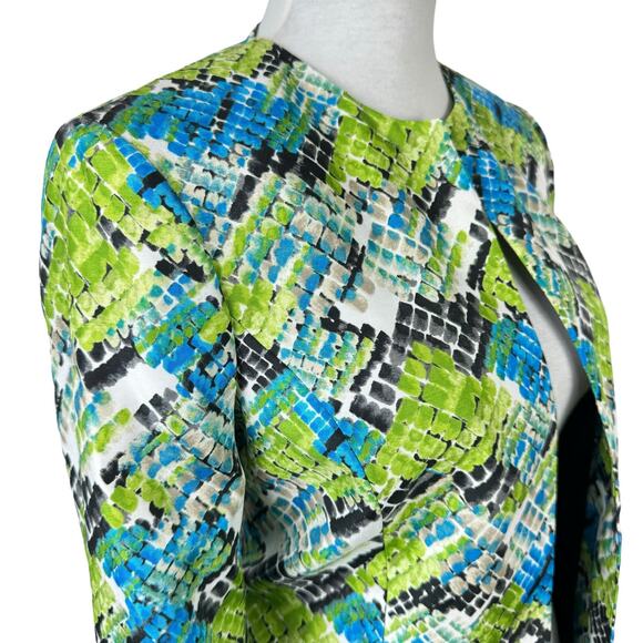 Kasper Bright Blue Green Reptile Print Collarless Open Front Jacket Blazer - Picture 5 of 12